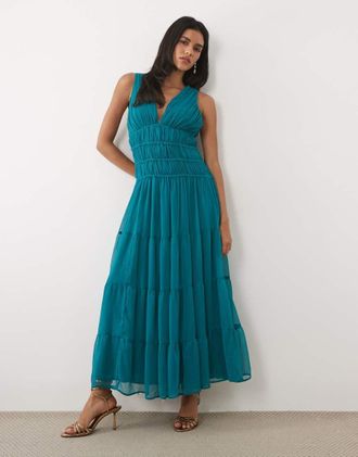 Abercrombie & Fitch Vestito lungo in chiffon blu ottanio stropicciato con scollo a V
