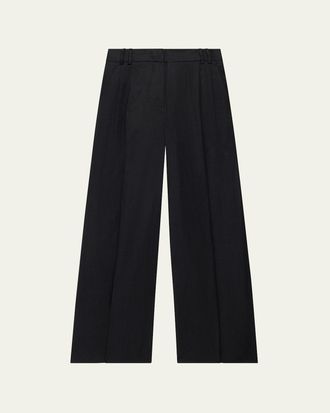 Another Tomorrow Pleated Front Wide-Leg Linen Trousers