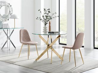Furniturebox Novara 100cm Round Gold Leg Dining Table & 2 Corona Gold Chairs in Beige