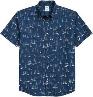 Brooks Brothers Boat Print Short Sleeve Cotton Button-Down Shirt in Blue/White at Nordstrom Rack, Size Medium