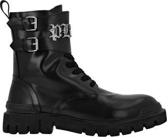 Philipp Plein Schoenen, Heren, Zwart, 40 EU, Leer, Mid Flat Gothic Plein Boots