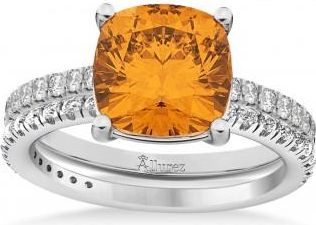 Allurez Citrine & Diamond Cushion-Set Semi-Eternity Bridal Set 14K White Gold (3.22ct)