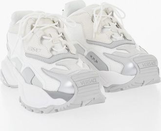 Versace Low Leather And Fabric Sneakers With Iconic Monogram On The Sole Versace