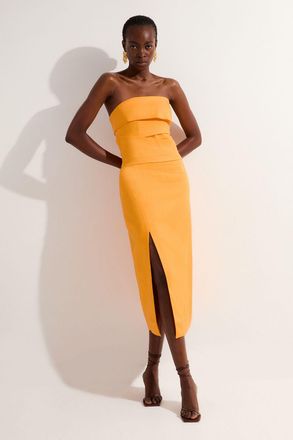 Karen Millen Womens Premium Linen Structured Pleated Bandeau Tailored Midi Pencil Dress - Orange Lyocell - Size 16 UK