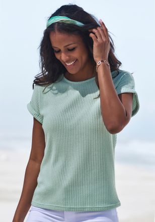 Vivance Kurzarmshirt VIVANCE aus weicher Piqu&eacute;-Qualit&auml;t, Damen, Gr. 32/34, bunt (mint, blau), Piqu&eacute;, Obermaterial: 69% Polyester (REPREVE), 28% Viskose, 3% El