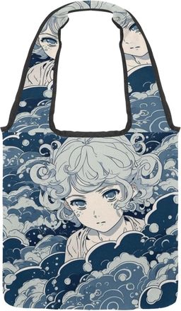 Generic Cartoon Girl Cute Wave Reversible Canvas Shoulder Tote - Double-Sided Print, 12oz Cotton, 27cm Drop, Fold-Flat Bag for Travel, Shopping, Street Outing