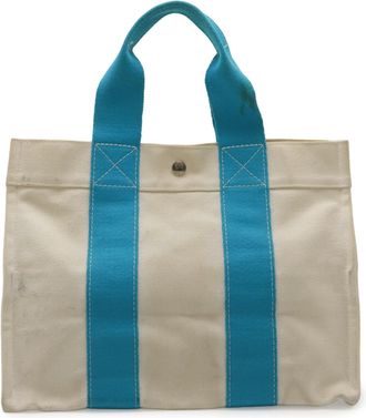 Herm&egrave;s Blue Ivory Natural White Yellow Canvas Handbag Tote Bag (Pre-Owned)
