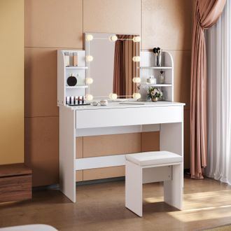 Sonni Mesa Maquillaje Con Luz Con Espejo Y Taburete 108x40x140cm, Tocador Maquillaje Con Luz, Tocador Blanco Con 4 Estantes - Sonni