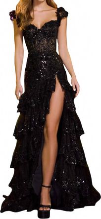 Sherri Hill Cap Sleeve Ruffle Skirt Dress In Black