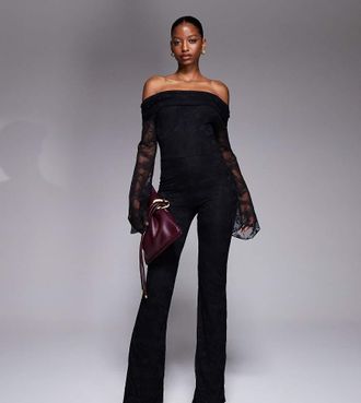 KAIIA Esclusiva Kaiia - Tuta jumpsuit a doppio strato sinuosa nera in pizzo a maniche lunghe con scollo alla Bardot risvoltato-Nero