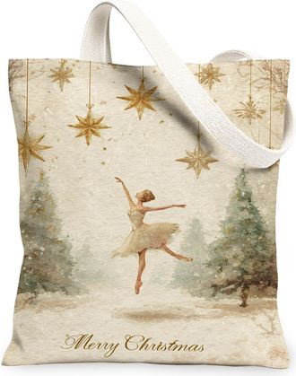 Generic Christmas Stars Canvas Tote Bags, Vintage Ballet Design Reusable Bags, Lightweight Washable Shoulder Strap Canvas for Trave, Beige, 13x15 Inch