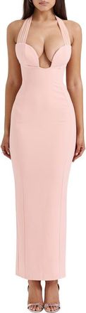 House of CB Gianina Halter Column Gown in Peach Nectar at Nordstrom, Size X-Small A