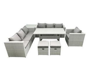 Fimous 7 Pieces Outdoor Rattan Sofa Set with Cushions Patio Garden Furniture Sets with Armchair Dining Table Side Table 2 Small Footstools