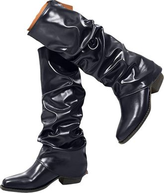 Generic Women Knee High Riding Boots Womens Slouchy Flat Boots Round Toe Shinny Leather Wide Calf Chunky Block Heels Booties Trendy Vintage Comfortable Ruched