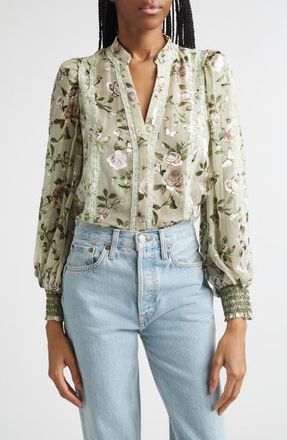 Alice & Olivia Arlette Floral Lace Trim Shirt in Garden Gossip Light Sage at Nordstrom, Size X-Small