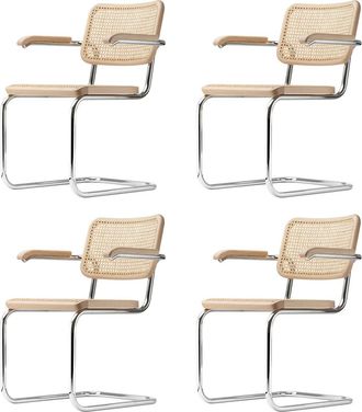 Thonet S 64 V Armlehnstuhl, Chrom / Buche natur (TP 17) / Rohrgeflecht mit Kunststoffst&uuml;tzgewebe (4er-Set)