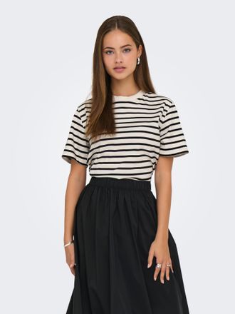 Only Kurzarmshirt ONLY ONLLIVINA S/S STRIPE TEE JRS NOOS, Damen, Gr. XL, schwarz (cloud dancer stripes:thin schwarz stripe), Single Jersey, Obermaterial: 1