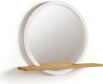HOGAR 24 Hogar24 - Turin - Espejo De Pared Redondo Con Estante De Madera, Color Blanco Y Encerado. Medida: Di&aacute;metro De 60 Cm - Blanco Y Encerado