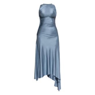 Victoria Beckham Kleedjes, Dames, Blauw, S, Asymmetrische Midi-jurk met Drapage