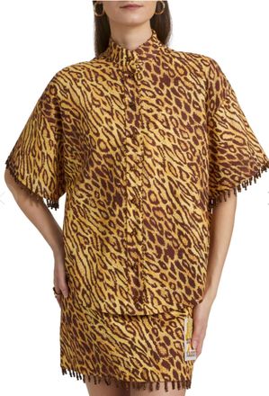 Zimmermann Coco Beaded Fringe Shirt In Leopard