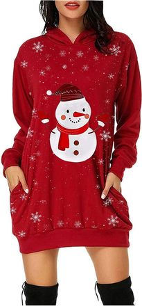 Generic Christmas Sweatshirt Dress for Women, Christmas hoodies for Women UK, Long Oversized Crew Neck Sweatshirts Long Sleeves Print Snowman Graphic Jumpers 