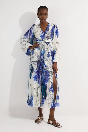 Karen Millen Womens Tall Floral Balloon Sleeve Pleated Crinkle Cut Out Woven Maxi Dress - Blue - Size 10 UK
