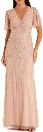 Mac Duggal Petite Embellished Flutter Sleeve Evening Gown in Nude at Nordstrom, Size 10P