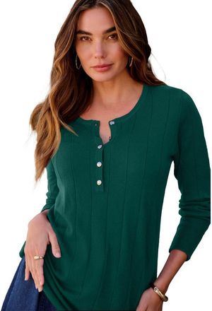 Roaman's Plus Size Drop Needle Henley Lightweight Sweater Knit in Emerald Green at Nordstrom, Size Medium
