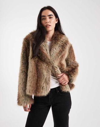 Asos Giacca in pelliccia sintetica marrone a righe con scollo sciallato-Multicolore