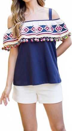 THML Clothing Viva Mexico Embroidered Flounce Top In Navy
