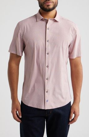 Johnston & Murphy XC+ Motion Geo Print Short-Sleeve Performance Knit Button-Up Shirt in Orange Quad Grid at Nordstrom, Size Xxx-Large