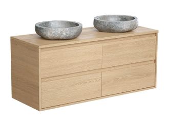 Vente-Unique Mueble de ba&ntilde;o con dos lavabos de piedra - Chapado en roble - 120 cm - MILIPAM