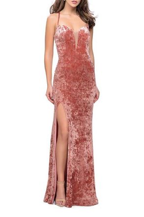 La Femme Crushed Velvet Form Fitting Gown with Leg Slit and Open Back in Blush at Nordstrom, Size 10