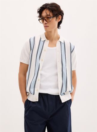 Lindbergh Mens Retro-stripe polo-collar Cardigan Sweater