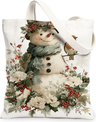Generic Snow Man Canvas Tote Bags, Holiday Floral Pattern Reusable Shopping Bags, Rustic Lightweight Washable Shoulder Strap Canvas, White, 13x15 Inch