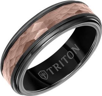 Triton 7MM Espresso Tungsten Carbide Ring with Hammered Center and Step Edge in Brown at Nordstrom, Size 11.5