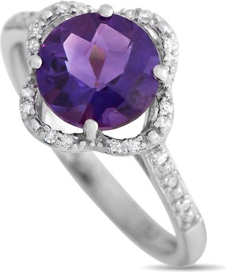 Luxury Bazaar 14K White Gold 0.10ct Diamond and Amethyst Quatrefoil Ring RC4-11976WAM