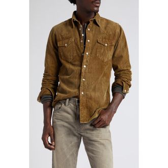 Ralph Lauren Buffalo West Slim Fit Corduroy Western Snap-Up Shirt in Tan at Nordstrom, Size X-Large