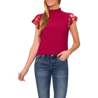 CeCe by Cynthia Steffe Floral Print Double Ruffle Mixed Media Top in Deep Sangria Burgundy at Nordstrom, Size X-Small