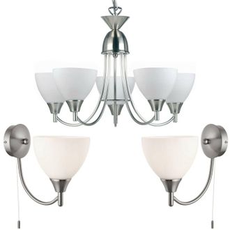 Loops 5 Lamp Ceiling & 2x Wall Light Pack Satin Chrome Glass Matching Indoor Fittings in Clear