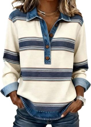 Generic Denim Sweater for Women Collar Button up Patchwork Denim Pullover Shirt Vintage Waffle Knit Jean Sweater Casual Wear Blouses (UK, Alpha, S, Regular, R