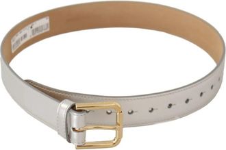 Dolce & Gabbana Zilveren Leren Riem met Goudkleurige Logo Gesp - Dames - Riemen - Grijs - ONE Size - Leer - Accessoires