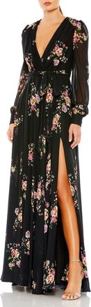 Mac Duggal Belted Floral Print Illusion Long Sleeve Gown in Black Multi at Nordstrom, Size 6