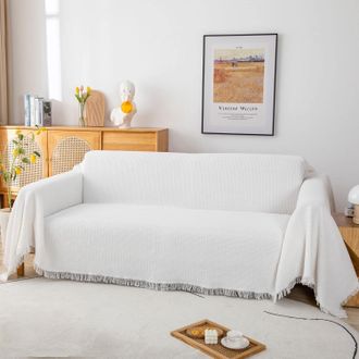 OEM Funda De Sof&aacute; De 3 Plazas De Algod&oacute;n Con Textura De Gofre Y Flecos Decorativos, Color Blanco, 180 X 300 Cm