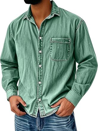 Generic Denim Shirts for Men Vintage Workwear Style Soft Cotton Long Sleeve Casual Shirt with Classic Chest Pocket Solid Colour Retro Slim Fit Shirt for Men X
