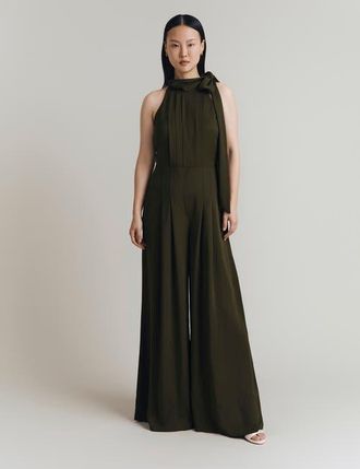 Ghost London Myla Crepe Halter Neck Jumpsuit in Dark Green at Nordstrom, Size 12