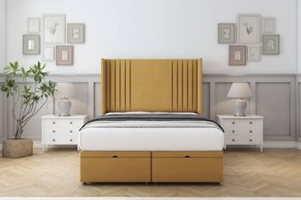 Comfort Beds Elise Plush Ottoman Bed Base-54 Wingback Headboard in Mustard | Size: Small Single