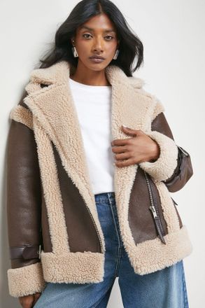 Warehouse Womens Wool Lined Shearling Biker Jacket - Chocolate - Size 8 UK