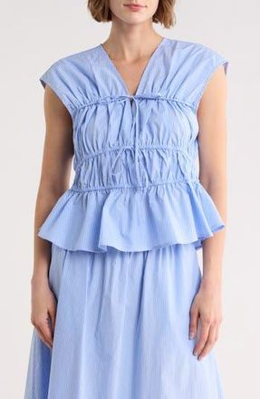 Ellen Tracy Shirred Tie Poplin Top in Blue/White Stripe at Nordstrom Rack, Size X-Small