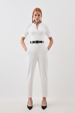 Karen Millen Womens Structured Crepe Forever Belted Jumpsuit - White - Size 12 UK